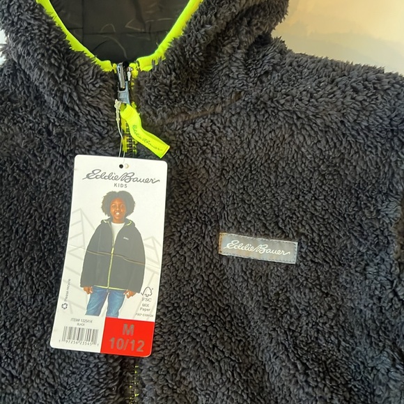 Eddie Bauer Reversible Fuzzy Fleece Jacket Black Neon Yellow Trim Medium 10-12 - Picture 11 of 15